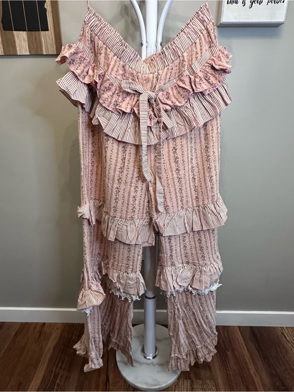 Boho Ruffle Wide-Leg Pants in Dusty Peach - Picture 3 of 8